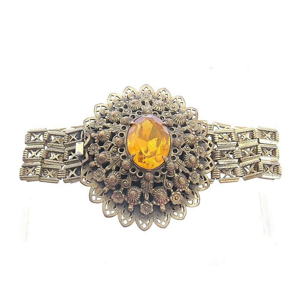 ANTIQUE VICTORIAN CANNETILLE LARGE‎ TOPAZ RHINESTONE FLOWER CENTERPIECE BRACELET
